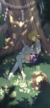 1girl absurdres black_shoes blonde_hair brown_hat chinese_commentary closed_eyes commentary facing_to_the_side full_body grass hair_ribbon hat highres long_sleeves lying medium_hair moriya_suwako on_side outdoors parted_lips purple_skirt purple_vest red_ribbon revision ribbon rope shade shide shimenawa shirt shoes sidelocks skirt skirt_set sleeping solo thighhighs touhou tree under_tree unworn_hat unworn_headwear unworn_shoes vest wb_yimo white_shirt white_thighhighs wide_sleeves