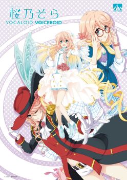 3girls adjusting_clothes adjusting_eyewear adjusting_headwear aqua_eyes aqua_shoes artist_name asymmetrical_bangs belt black_coat black_hat blonde_hair blue_cardigan blue_dress blue_hair bracelet breast_cutout brooch butterfly_brooch butterfly_hair_ornament butterfly_hat_ornament butterfly_necklace buttons cardigan cardigan_around_neck cavalier_hat character_name coat collared_shirt copyright_name corsage detached_sleeves double-breasted double_helix dress dress_under_shirt drop_shadow ear_ornament flower flower_bracelet flower_brooch flower_hairtie frilled_dress frilled_sleeves frills glasses gloves gradient_hair hair_ornament hair_over_shoulder hair_ribbon hands_up haruno_sora haruno_sora_(cool) haruno_sora_(natural) hat hat_ornament headgear highres jewelry juliet_sleeves large_hat long_hair long_sleeves low_ponytail mechanical_ears midriff mini_hat mole mole_under_mouth multicolored_coat multicolored_hair multicolored_hat multiple_girls multiple_persona navel necklace official_art orange_hair outstretched_arm outstretched_hand overskirt pencil_dress pink_flower pink_rose plaid_clothes plaid_dress ponytail puffy_sleeves red-framed_eyewear red_coat red_flower red_hat red_rose ribbon ringlets rose second-party_source see-through_ribbon shirt shoes short_shorts shorts side_ponytail sidelocks sidelocks_tied_back single_sidelock sleeve_cuffs sleeveless sleeveless_dress split_ponytail swept_bangs tailcoat thick_eyebrows three-quarter_sleeves two-tone_coat two-tone_hat umetani_atarou undershirt very_long_hair vocaloid voiceroid white_dress white_gloves white_hat white_overskirt white_ribbon white_shirt white_shorts white_sleeves wide_sleeves yellow_ribbon