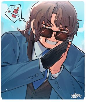 Rule 34 | 1boy, alternate costume, artist name, beard stubble, begging, bird, black-framed eyewear, black-framed glasses, black gloves, blue background, blue coat, blue necktie, blue sky, border, brown hair, brown trim, brown vest, cigarette, cloud, coat, collared shirt, day, dress shirt, eyes visible through hair, facial hair, fire, formal clothes, glasses, gloves, gregor (project moon), grin, hair between eyes, hair intakes, half-closed eyes, hands up, highres, leaning forward, lighter, limbus company, long hair, long sleeves, looking at viewer, looking down, low ponytail, male focus, necktie, nervous sweating, official alternate costume, okazu1324343, open clothes, open coat, orange eyes, outdoors, own hands together, parted bangs, ponytail, praying, project moon, rectangular eyewear, sanpaku, shirt, signature, simple background, single glove, sky, smile, smirk, smoke, smug, solo, speech bubble, spoken object, stubble, suit, sunglasses, sweat, sweatdrop, teeth, tinted eyewear, two-sided fabric, upper body, v-shaped eyebrows, vest, white border, white shirt, zwei association south uniform