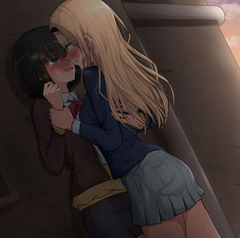 2girls after_kiss aged_up blonde_hair blue_shirt blush bow bowtie brown_hair brown_shirt clenched_teeth commentary grabbing_another&#039;s_arm grey_eyes grey_skirt hand_on_another&#039;s_back highres kirarazaka_marina kuze_shizuka long_hair multiple_girls ndk_(24176709) on_wall open_mouth red_bow red_bowtie saliva saliva_trail school_uniform shirt short_hair skirt smile sweat sweatdrop takopii_no_genzai teeth yellow_eyes yuri