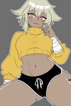 1girl absurdres ahoge arm_at_side arm_up ass bandaged_arm bandages black_shorts breasts closed_mouth commentary cowboy_shot dark-skinned_female dark_skin dolphin_shorts english_commentary eyebrows_hidden_by_hair fang fang_out female_focus from_below gluteal_fold hair_between_eyes hands_up highres legs_apart long_sleeves looking_at_viewer medium_breasts medium_hair midriff monochrome navel original outline ralter_(saucy_aussy) saucy_aussy scar scar_on_face shiny_skin shorts simple_background slit_pupils smile solo sweater thick_thighs thighs turtleneck turtleneck_sweater