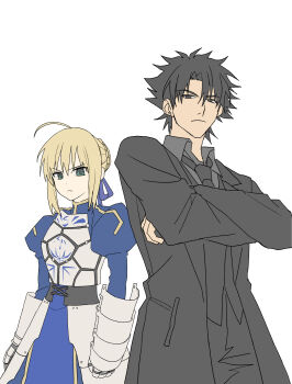 0304rong0304 1boy 1girl absurdres ahoge armor armored_dress artoria_pendragon_(fate) black_coat black_eyes black_hair black_necktie black_suit black_vest blonde_hair blue_dress braid bun_with_braided_base coat commentary_request crossed_arms dress emiya_kiritsugu fate/zero fate_(series) formal_clothes frown gauntlets green_eyes hair_bun hair_ribbon highres juliet_sleeves korean_commentary long_sleeves necktie puffy_sleeves ribbon saber_(fate) serious single_hair_bun suit vest