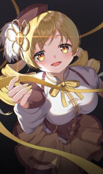 1girl absurdres beret blonde_hair blush breasts brown_eyes corset drill_hair fingerless_gloves fingernails gloves hair_ornament hat high_collar highres large_breasts long_hair lower_teeth_only mahou_shoujo_madoka_magica mahou_shoujo_madoka_magica_(anime) nail_art neck_ribbon open_mouth pleated_skirt puella_anko ribbon skirt solo soul_gem teeth tomoe_mami twin_drills yellow_nails yellow_ribbon