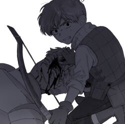 Rule 34 | 2boys, armor, blood, blood on face, boots, bow (weapon), chilchuck tims, clenched teeth, dungeon meshi, fingerless gloves, gloves, greyscale, hand on another&#039;s head, highres, holding, holding bow (weapon), holding weapon, injury, laios touden, looking at another, looking at viewer, looking back, lying, male focus, monochrome, multiple boys, neck warmer, nosebleed, on back, on one knee, pants, short hair, simple background, teeth, very short hair, vest, weapon, white background, zarame pfpf