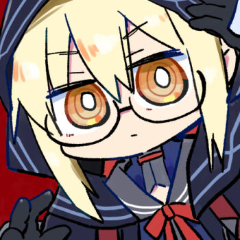 1girl arm_up artoria_pendragon_(fate) black-framed_eyewear black_gloves black_jacket blonde_hair blue_shirt bow brown_eyes chibi closed_mouth commentary_request fate/grand_order fate_(series) glasses gloves grey_sailor_collar hair_between_eyes hood hood_down hooded_jacket jacket kasuga_yuuki lowres mysterious_heroine_x_alter_(fate) open_clothes open_jacket red_background red_bow sailor_collar semi-rimless_eyewear shirt simple_background solo under-rim_eyewear upper_body