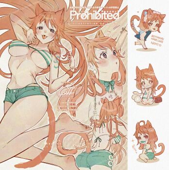 1girl :3 animal_ears apron bangle bare_legs bare_shoulders barefoot bell bikini blue_shorts blush bracelet breasts brown_eyes cat_ears cat_girl cat_tail choker commentary_request cowboy_shot earrings extra_ears feet fish floating_hair foot_out_of_frame from_behind green_bikini halterneck heart highleg highleg_bikini jewelry large_breasts log_pose long_hair looking_back maid maid_apron maid_headdress money_bag motion_lines mouth_hold multiple_views nami_(one_piece) navel neck_bell one_piece orange_hair pearl_earrings ribbon_choker seiza short_shorts shorts shoulder_tattoo sitting sparkle standing standing_on_one_leg stomach striped_bikini striped_clothes swimsuit tail tattoo thighs tongue tongue_out twitter_username underboob upper_body wariza watermark yum_xoxo_yum