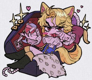 Rule 34 | 1boy, :d, animal ears, ascot, black boots, black nails, blonde hair, blood, blood on face, blue vest, blush stickers, boots, cat boy, cat ears, cat tail, coffin, commentary request, crossed legs, cup, deformed, dio brando, drinking glass, film grain, fingernails, frilled sleeves, frills, furrowed brow, heart, holding, holding cup, jewelry, jojo no kimyou na bouken, jonathan joestar, kaedeponpe, kemonomimi mode, knife, licking lips, long fingernails, long sleeves, looking at viewer, male focus, nail polish, necklace, open mouth, pants, paw pose, pearl necklace, phantom blood, photo (object), pillow, red eyes, sharp fingernails, short hair, simple background, single blush sticker, smile, solo, sparkle, tail, tassel, tongue, tongue out, vampire, vest, white ascot, white background, white pants, wine glass