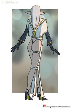 1girl ass backless_pants bare_legs butt_crack cape commentary elf english_commentary full_body gloves grey_hair high_heels highres legs lyla_ailwind lylas_curse original pants pointy_ears sailor_collar thong voodoo_monkey walking_away white_sailor_collar