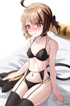 Rule 34 | 1girl, :3, ahoge, artist name, black bra, black panties, black thighhighs, blush, bra, breasts, brown hair, commentary, fang, garter belt, garter straps, gigi murin, grem (gigi murin), highres, hololive, hololive english, lace, lace-trimmed bra, lace-trimmed panties, lace trim, multicolored hair, nail polish, navel, nose blush, on bed, panties, pink eyes, pyrokuro, short twintails, simple background, sitting, small breasts, solo, tail, thighhighs, twintails, two-tone hair, underwear, virtual youtuber, white background, yellow nails