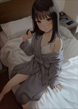 1girl bathrobe black_hair book bra breasts cellphone clothes_pull from_above highres loli long_sleeves medium_hair on_bed original paid_reward_available phone shadow sitting small_breasts smartphone solo underwear variant_set white_bra yukishima_momo