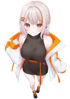 1girl absurdres bare_shoulders black_shoes black_shorts black_sweater blush closed_mouth commentary_request commission full_body grey_hair hand_up highres indie_virtual_youtuber jacket long_sleeves looking_at_viewer off_shoulder open_clothes open_jacket orange_eyes outline pixiv_commission shoes short_hair shorts sleeveless sleeveless_sweater sneakers solo standing sweater toketa-sekai turtleneck turtleneck_sweater virtual_youtuber white_jacket white_outline yuzuki_kiiro