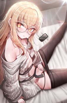 1girl absurdres bare_shoulders bed belt black_panties blonde_hair breasts bright_pupils brown_pantyhose cellphone closed_mouth clothes_pull commission covering_privates doyoon_7 expressionless from_side girls'_frontline glasses highres long_hair long_sleeves looking_at_viewer looking_to_the_side navel off_shoulder on_bed open_clothes open_shirt orange_eyes panties panty_pull pantyhose pantyhose_pull phone round_eyewear second-party_source shirt sitting small_breasts smartphone solo spread_legs string_panties striped_clothes striped_shirt sweat thighband_pantyhose thighs type_80_(girls'_frontline) underwear very_long_hair white_shirt