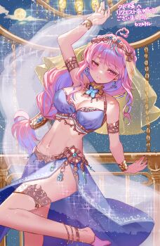 1girl absurdres arabian_clothes armlet balcony bare_shoulders blush bracer breasts brooch butterfly_brooch cleavage closed_mouth dancer dancing diffraction_spikes earrings feet_out_of_frame gold_trim harem_outfit highres hikari_no jewelry large_breasts leaning_back lipstick long_hair looking_to_the_side low-tied_long_hair low_ponytail makeup midriff navel night ponytail powari_poachi purple_eyes purple_hair ring sky smile solo standing standing_on_one_leg swept_bangs thighlet veil virtual_youtuber wactor_production
