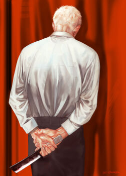 1boy arms_behind_back black_pants blonde_hair collared_shirt ctkcave curtains faceless faceless_male facing_away from_behind holding holding_weapon knife looking_down male_focus mature_male original pants red_background shirt short_hair solo weapon white_shirt