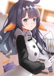 Rule 34 | 1girl, absurdres, alphaart, apron, black dress, blue eyes, blush, commentary, dress, english commentary, gloves, gradient hair, highres, holding, holding whisk, hololive, hololive english, long hair, long sleeves, looking at viewer, mole, mole under eye, multicolored hair, ninomae ina&#039;nis, ninomae ina&#039;nis (6th costume), official alternate costume, orange hair, purple hair, takodachi (ninomae ina&#039;nis), tentacle hair, virtual youtuber, whisk, white apron, white gloves, white tiara