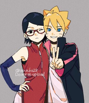 1boy 1girl black_choker black_eyes black_hair blonde_hair blue_eyes boruto:_naruto_next_generations cheek-to-cheek choker commentary facial_mark frown glasses hand_on_own_hip heads_together highres naruto_(series) one_eye_closed onka_(aun_ka28) short_hair smile symbol-only_commentary twitter_username uchiha_sarada uzumaki_boruto v whisker_markings