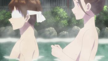 1boy 1girl animated anime_screenshot back backboob blindfold breast_press breasts brown_hair collarbone completely_nude gradient_hair hand_on_another&#039;s_arm hand_on_another&#039;s_shoulder hand_on_own_shoulder highres hongou_miyuki kotesashi_kouyou large_breasts lips mixed-sex_bathing multicolored_hair nipples nude onsen open_mouth partially_submerged red_eyes red_hair sawaranaide_kotesashi-kun shared_bathing shoulder_blades sideboob smile sound tagme two-tone_hair video water