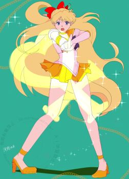 1girl aino_minako back_bow bishoujo_senshi_sailor_moon blonde_hair blue_eyes bow choker elbow_gloves gloves hair_bow high_heels highres jewelry long_hair orange_choker orange_sailor_collar orange_skirt pleated_skirt pointing pointing_at_viewer red_bow sailor_collar sailor_senshi_uniform sailor_venus seivuuusa skirt solo very_long_hair white_gloves