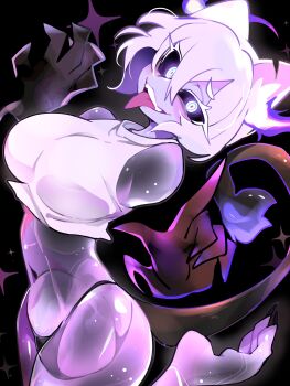 absurdres barefoot black_background black_sclera bongftah breasts cat_girl cat_tail claws colored_sclera commentary_request cowboy_shot disembodied_hand g-string ghost glowing glowing_eyes hair_between_eyes highres index_finger_raised large_breasts leg_up looking_at_viewer navel original shirt sleeveless smile stomach tail thighs thong tongue tongue_out white_eyes white_hair white_shirt