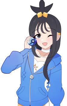 1girl black_hair blue_hoodie blush choker cube_hair_ornament dive_ball earclip esttea grey_eyes hair_ornament highres holding holding_poke_ball hood hood_down hoodie lida_(pokemon) long_hair long_sleeves looking_at_viewer nintendo one_eye_closed open_mouth orange_leggings poke_ball pokemon pokemon_legends:_z-a shirt smile topknot two-tone_legwear white_choker wink wispy_bangs