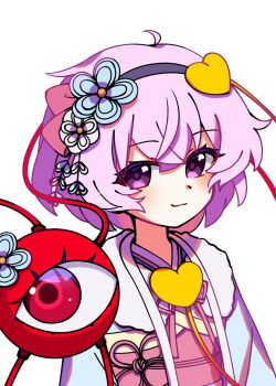 Rule 34 | 1girl, alternate costume, black hairband, blue kimono, blush, closed mouth, commentary request, disembodied linked eye, eyeball, flower, furisode, hair between eyes, hair flower, hair ornament, hairband, heart, heart hair ornament, highres, illust atelier3, japanese clothes, kanzashi, kimono, komeiji satori, looking at viewer, obi, obijime, one-hour drawing challenge, pink eyes, pink hair, red sash, sash, short hair, simple background, smile, solo, touhou, tsumami kanzashi, white background