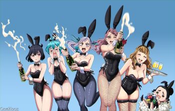 absurdres black_clover bottle breasts charmy_pappitson cleavage grey_(black_clover) high_heels highres mimosa_vermillion multiple_girls nail_polish noelle_silva onehoox pantyhose playboy_bunny poker_chip secre_swallowtail vanessa_enoteca