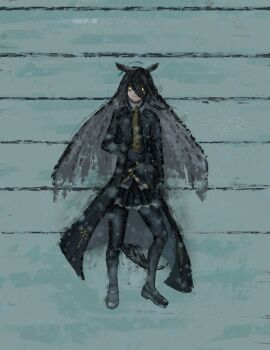 1girl absurdres ahoge animal_ears belt black_belt black_choker black_gloves black_hair black_pantyhose black_shirt black_shoes black_skirt blade_runner_(series) blade_runner_2049 choker closed_mouth collared_shirt contrast_collar ear_tag earrings frown gloves hair_between_eyes hand_on_own_stomach highres horse_ears horse_girl horse_tail jewelry long_hair long_hair_between_eyes lying manhattan_cafe_(umamusume) meme multicolored_hair necktie on_back on_ground on_stairs pantyhose pleated_skirt scene_reference shirt shoes single_earring skirt snow solo stairs tail the_masculine_urge_to_slowly_bleed_out_here_(meme) thefatum umamusume very_long_hair white_hair yellow_eyes yellow_necktie