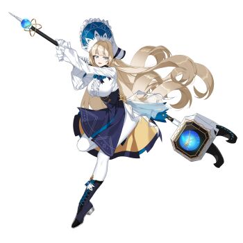 1girl :d alpha_transparency ascot black_boots blonde_hair blue_ascot blue_skirt blunt_bangs bonnet boots breasts center_frills commentary counter:side curled_ends english_commentary floating_hair frilled_sleeves frills full_body gloves green_eyes hammer highres holding holding_hammer knee_boots lace-up_boots large_breasts leg_up long_hair long_sleeves looking_at_viewer medea_davis official_art open_mouth pantyhose pinstripe_pattern plantar_flexion shirt skirt smile solo standing standing_on_one_leg tachi-e transparent_background two-handed underbust very_long_hair white_bonnet white_gloves white_pantyhose white_shirt