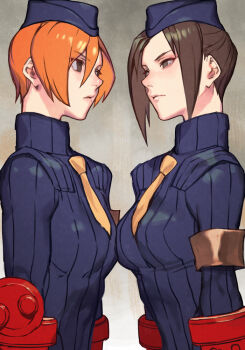 2girls armband breasts brown_armband brown_eyes brown_hair capcom clash_of_breasts_(meme) closed_mouth eyes_visible_through_hair female_focus garrison_cap hat hungry_clicker juli_(street_fighter) juni_(street_fighter) leotard multiple_girls necktie orange_hair parted_lips portrait ribbed_leotard shadaloo_dolls short_hair short_necktie small_breasts street_fighter street_fighter_zero_(series) turtleneck yellow_necktie