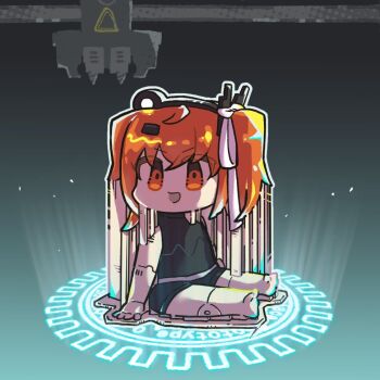 1girl 3d_printer a.i._voice adachi_rei android arm_support barefoot black_shirt black_shorts chibi commentary_request glowing hair_ornament hair_ribbon hairclip headlamp joints looking_at_viewer looking_to_the_side magic_circle one_side_up open_mouth orange_eyes orange_hair outline outstretched_legs radio_antenna reakaki ribbon robot_joints shirt short_shorts shorts sitting sleeveless sleeveless_shirt smile solo summoning utau v-shaped_eyebrows white_outline white_ribbon