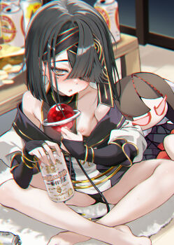 1girl bag_of_chips bare_shoulders barefoot beer_can black_hair blush bracelet breasts bridal_gauntlets brown_eyes can chips_(food) commentary_request drink_can drunk fate/grand_order fate_(series) food gold_trim hair_over_one_eye highres hitsujibane_shinobu jewelry lady_yu_doll long_sleeves looking_at_viewer mole mole_under_eye nipples off_shoulder one_breast_out potato_chips puffy_short_sleeves puffy_sleeves shirt short_hair short_sleeves sitting small_breasts space_xu_fu_(fate) stuffed_toy white_shirt xu_fu_(fate)