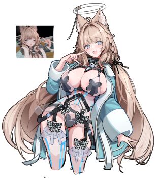 1girl absurdres ahoge animal_ear_fluff animal_ears bell blue_eyes blue_jacket blush bow bowtie braid breasts brown_hair checkered_bow checkered_clothes chest_harness cleavage commentary_request cross cross_pasties game_screenshot_inset gu_luco hair_intakes hair_ornament halo hand_up harness highres jacket jingle_bell large_breasts long_hair long_sleeves looking_at_viewer navel open_mouth pasties reference_inset revealing_clothes see-through_clothes simple_background smile solo standing thighs very_long_hair vrchat white_background white_halo x_hair_ornament