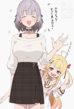 Rule 34 | ahoge, black choker, blonde hair, blush, braid, choker, dress, grey hair, hair ornament, hair ribbon, highres, hololive, hololive dev is, jacket, long hair, mitohas, off shoulder, official alternate costume, official alternate hairstyle, open mouth, otonose kanade, otonose kanade (1st costume), red ribbon, ribbon, shirogane noel, shirogane noel (casual), short hair, skirt, sweater, teasing, translation request, virtual youtuber, waving, wavy hair, white jacket, white sweater