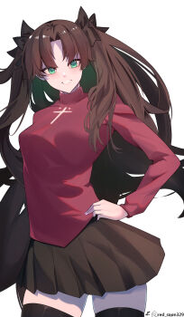 1girl absurdres black_hair black_ribbon black_skirt breasts brown_hair commentary_request cowboy_shot fate/stay_night fate_(series) green_eyes hair_ribbon highres long_hair looking_at_viewer medium_breasts miniskirt pleated_skirt red_sweater redsoon ribbon simple_background skirt solo sweater thighhighs tohsaka_rin turtleneck two_side_up very_long_hair white_background zettai_ryouiki