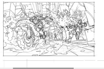 1girl 2boys aircraft burning chinese_commentary commentary_request death debris destruction dust_cloud ephe99261012 explosion firefight firing from_below gun helicopter holding holding_gun holding_weapon looking_back monochrome motor_vehicle motorcycle multiple_boys muzzle_flash on_motorcycle original perspective pillar short_hair sketch submachine_gun unfinished vanishing_point weapon weapon_request white_background