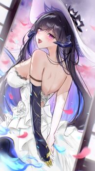 1girl absurdres asymmetrical_gloves bare_shoulders black_gloves black_hair blue_hair breasts colored_inner_hair commentary_request constance_(honkai:_star_rail) demon_girl demon_horns dress elbow_gloves falling_petals gloves hat highres honkai:_star_rail honkai_(series) horns large_breasts mira_(mirarizsoti) mismatched_gloves mole mole_under_eye multicolored_hair petals purple_eyes solo tongue tongue_out white_dress white_gloves white_hat