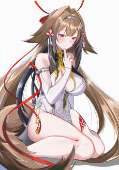 1girl absurdres animal_ear_fluff animal_ears armlet bare_shoulders breasts brown_hair brown_tail cabbage_ex china_dress chinese_clothes cleavage clover clover_hair_ornament collarbone commentary dress droopy_ears english_commentary hair_ornament hairband highres jewelry kuji-in large_breasts leg_tattoo long_hair seiza silver_armlet simple_background sitting solo tail tattoo very_long_hair white_background white_dress white_hairband ye_shunguang zenless_zone_zero