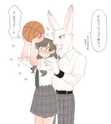 Rule 34 | 1boy, 1girl, animal ears, arms up, ball, basketball (object), blush, body fur, brown eyes, brown hair, claws, closed mouth, collared shirt, cowboy shot, furry, furry with non-furry, green necktie, grey eyes, grey pants, grey skirt, hands up, hetero, highres, holding, holding ball, interspecies, long hair, looking at another, mole, mole under eye, mole under mouth, necktie, open mouth, original, pants, plaid, plaid pants, pleated skirt, rabbit ears, rata (norahasu), school uniform, shirt, short sleeves, simple background, skirt, speech bubble, standing, sweatband, thought bubble, translation request, whiskers, white background, white fur, white shirt