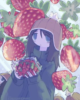 1girl artist_name beanie brown_hair closed_mouth floating floating_food floating_object food from_below fruit green_eyes green_jacket hat highres holding holding_food jacket kurohanenone long_hair no_pupils original oversized_food oversized_object strawberry