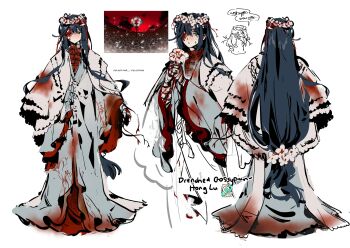 Rule 34 | :|, absurdres, alternate costume, aqua eyes, aqua hanfu, aqua robe, bandage over one eye, bandaged hand, bandages, black hair, blood, blood on clothes, blood on flower, bloody bandages, capelet, chinese clothes, closed mouth, cotton (plant), cotton boll, drenched gossypium, e.g.o (project moon), english text, flower, flower wreath, full body, hair between eyes, hair flower, hair ornament, hanfu, head wreath, highres, holding, holding flower, hong lu (project moon), kampuzu, limbus company, long hair, long sleeves, looking at viewer, low-tied long hair, male focus, multiple views, project moon, red shirt, reference inset, robe, shirt, simple background, solo, standing, tangzhuang, tears, turnaround, very long hair, white background, white capelet, white flower