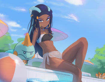 1girl absurdres alternate_costume anonds31 aqua_hair ball black_hair blue_eyeshadow chewtle closed_mouth cloud corphish dark-skinned_female dark_skin day earrings eyeshadow gen_3_pokemon gen_8_pokemon hair_bun highres hoop_earrings jewelry long_hair looking_down makeup multicolored_hair necklace nessa_(pokemon) nintendo outdoors pokemon pokemon_(creature) pokemon_swsh pool shiny_skin single_hair_bun sitting sky smile swimsuit two-tone_hair water