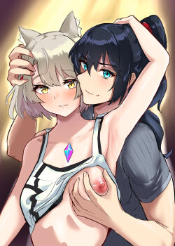 1boy 1girl absurdres animal_ear_fluff animal_ears black_hair blue_eyes blush breasts cat_ears cat_girl chest_jewel clothes_lift couple grabbing_another&#039;s_breast grey_hair groping hetero high_ponytail highres long_hair looking_at_viewer mio_(xenoblade) nipples noah_(xenoblade) ponytail shirt_lift short_hair small_breasts smile tank_top timosan upper_body white_tank_top xenoblade_chronicles_(series) xenoblade_chronicles_3 yellow_eyes