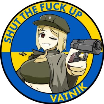 Rule 34 | 1girl, abs, aiming, aiming at viewer, artist request, blonde hair, brown eyes, cross, cross necklace, english text, floating neckwear, green tank top, gun, handgun, holding, holding gun, holding weapon, jacket, jewelry, looking at viewer, looking back, makarov pm, marichka, military, military uniform, necklace, non-web source, one eye closed, original, russo-ukrainian war, sharp teeth, short hair, smile, solo, tank top, teeth, transparent background, ukrainian flag, upper body, weapon
