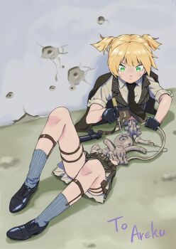 Rule 34 | 1girl, android, bisected, black necktie, black shoes, blonde hair, bullet hole, cable, collared shirt, commission, commissioner upload, crack, damaged, disassembly, exposed internal machinery, formal clothes, full body, girls' frontline, gloves, green eyes, holding, holding screwdriver, jacket, knees, lying, machinery, maintenance, major injury underreaction, mechabare, necktie, pleated skirt, repairing, screwdriver, second-party source, shirt, shoes, short hair, skeb commission, skirt, socks, solo, sweatdrop, twintails, vanillaklein, welrod mkii (girls' frontline)