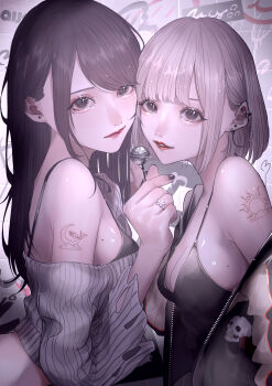 2girls absurdres aegyo_sal barbell_piercing bare_shoulders black_bra black_camisole black_eyes black_jacket black_nails bra breasts brown_hair camisole candy cleavage closed_mouth commentary_request crescent_tattoo cropped_sweater ear_chain ear_piercing earrings eyelashes eyeliner flower_ring food from_side glitter_makeup grey_hair grey_sweater heads_together highres holding holding_candy holding_food holding_lollipop jacket jacket_partially_removed jewelry letterman_jacket linked_piercing lipstick lollipop long_hair long_sleeves looking_at_viewer makeup mano_aaa medium_breasts mole mole_on_breast multiple_girls nail_polish off-shoulder_sweater off_shoulder original parted_lips piercing red_lips short_hair shoulder_tattoo single_sidelock stud_earrings sun_symbol sun_tattoo sweater swept_bangs tan tattoo torn_clothes torn_sweater underwear upper_body whale_tattoo yuri zipper
