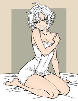 1girl breasts eiyuu_densetsu fie_claussell green_eyes highres legs looking_at_viewer naked_towel on_bed sen_no_kiseki sen_no_kiseki_(series) sen_no_kiseki_i sen_no_kiseki_ii short_hair simple_background sitting small_breasts smile smug takuu_(seadog6662) thighs towel white_hair