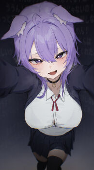 00s1g00 1girl :d absurdres ahoge alternate_costume animal_collar animal_ear_fluff animal_ears black_cardigan black_collar black_thighhighs breasts button_gap cardigan cat_ears cat_girl cleavage collar collared_shirt commentary_request crossed_bangs double-parted_bangs hair_between_eyes highres hololive large_breasts long_sleeves looking_at_viewer medium_hair messy_hair miniskirt neck_ribbon nekomata_okayu official_alternate_costume open_mouth outstretched_arms pleated_skirt purple_eyes purple_hair reaching reaching_towards_viewer ribbon school_uniform shirt shirt_tucked_in skirt smile solo thighhighs virtual_youtuber white_shirt