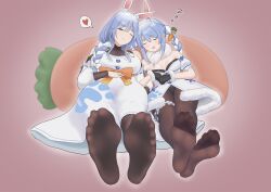 Rule 34 | 2girls, absurdres, blue hair, blush, braid, closed eyes, feet, highres, hololive, long hair, looking at viewer, mother and daughter, multicolored hair, multiple girls, one eye closed, open mouth, pantyhose, pekomama, red eyes, sleeping, soles, toes, twin braids, two-tone hair, usada pekora