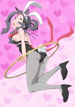 1girl :d aged_up animal_ears ansha_(pokemon) black_leotard black_shoes blue_eyes breasts commentary_request eyelashes fake_animal_ears full_body grey_pantyhose hair_rings hairband happy heart heart_background high_heels highres holding_hoop knees_together_feet_apart leotard long_hair m3_(gardevoir_m3) nintendo open_mouth pantyhose playboy_bunny pokemon pokemon_legends:_z-a rabbit_ears shoes shoulder_blades smile solo white_hairband