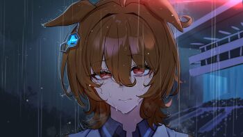 1girl absurdres agnes_tachyon_(tach-nology)_(umamusume) agnes_tachyon_(umamusume) animal_ears brown_hair closed_mouth cloud cloudy_sky collared_shirt commentary ear_ornament ears_down grey_sky hair_between_eyes higeji_(higeji404) highres horse_ears horse_girl looking_at_viewer medium_hair outdoors rain red_eyes shirt sky solo umamusume upper_body wet wet_face wet_hair